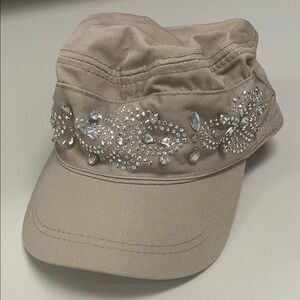 Scala Beige Embellished Rhinestone Hat one size